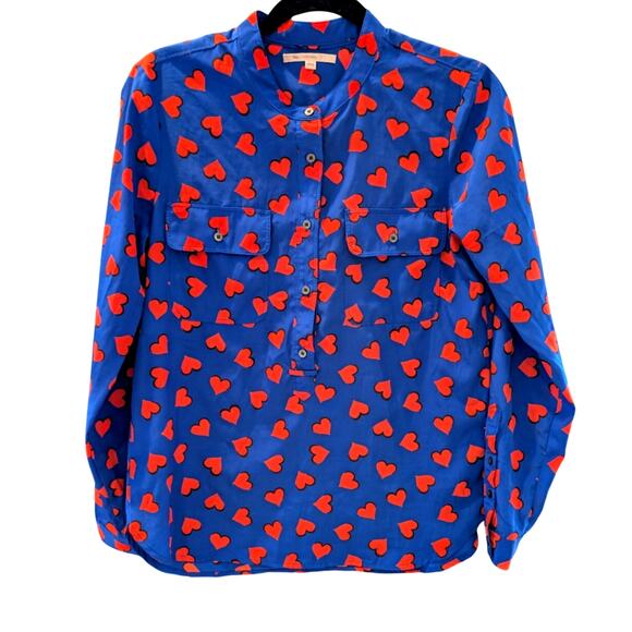 Gap Blue Red Heart Print Button Down Shirt XS Long Sleeve Recycled Polyester Top - Picture 1 of 7
